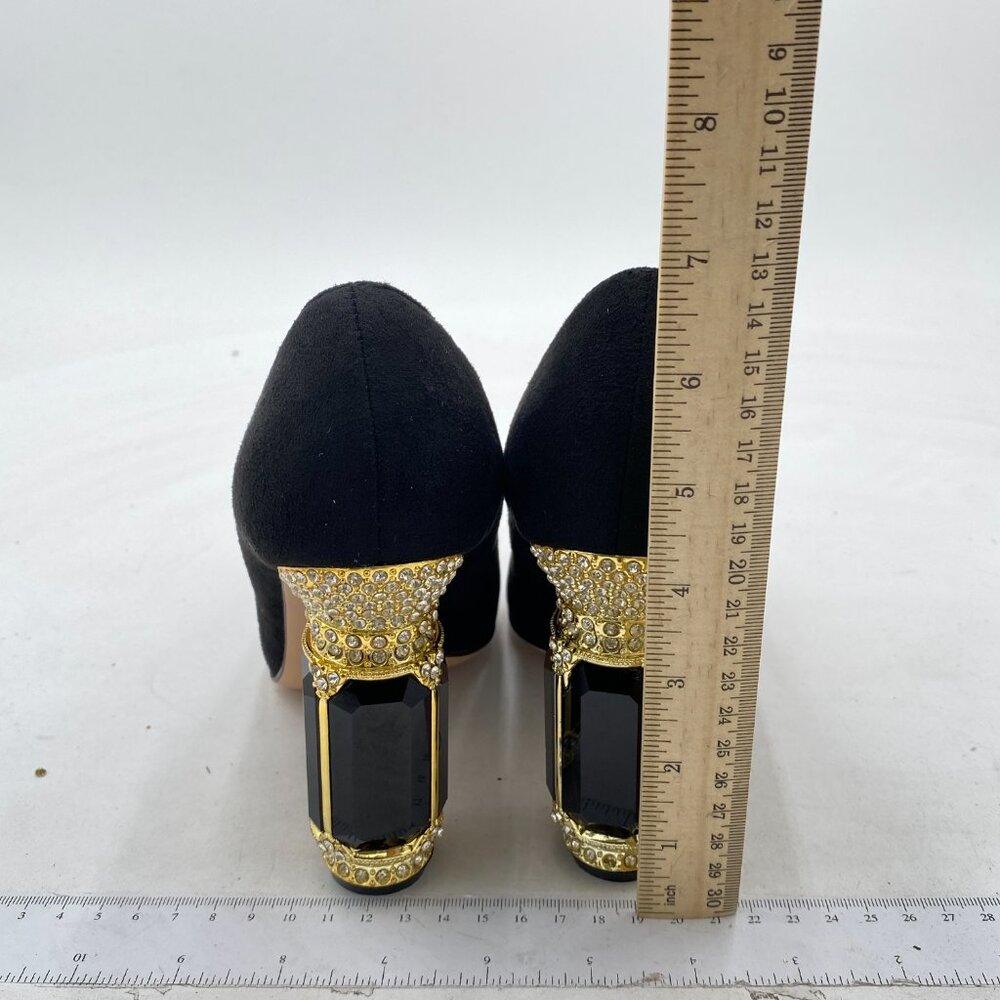 FSJ Black Bridal Pointed Toe High Heel Crystal Pumps Slip on Wedding Thick Shoes - Picture 5 of 8